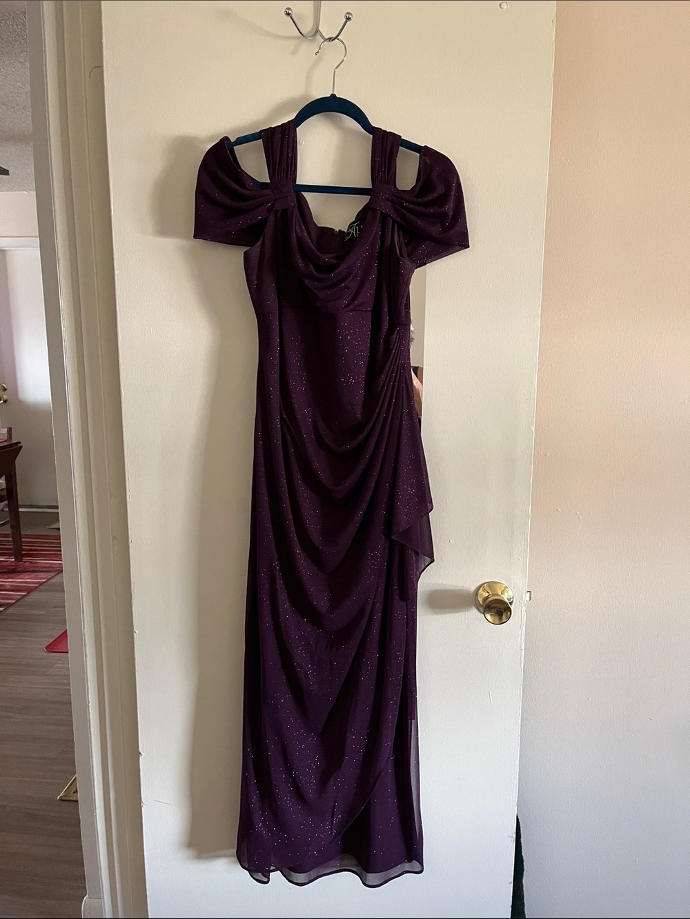 Alex Evenings Deep Plum Sparkle Draped Maxi Gown